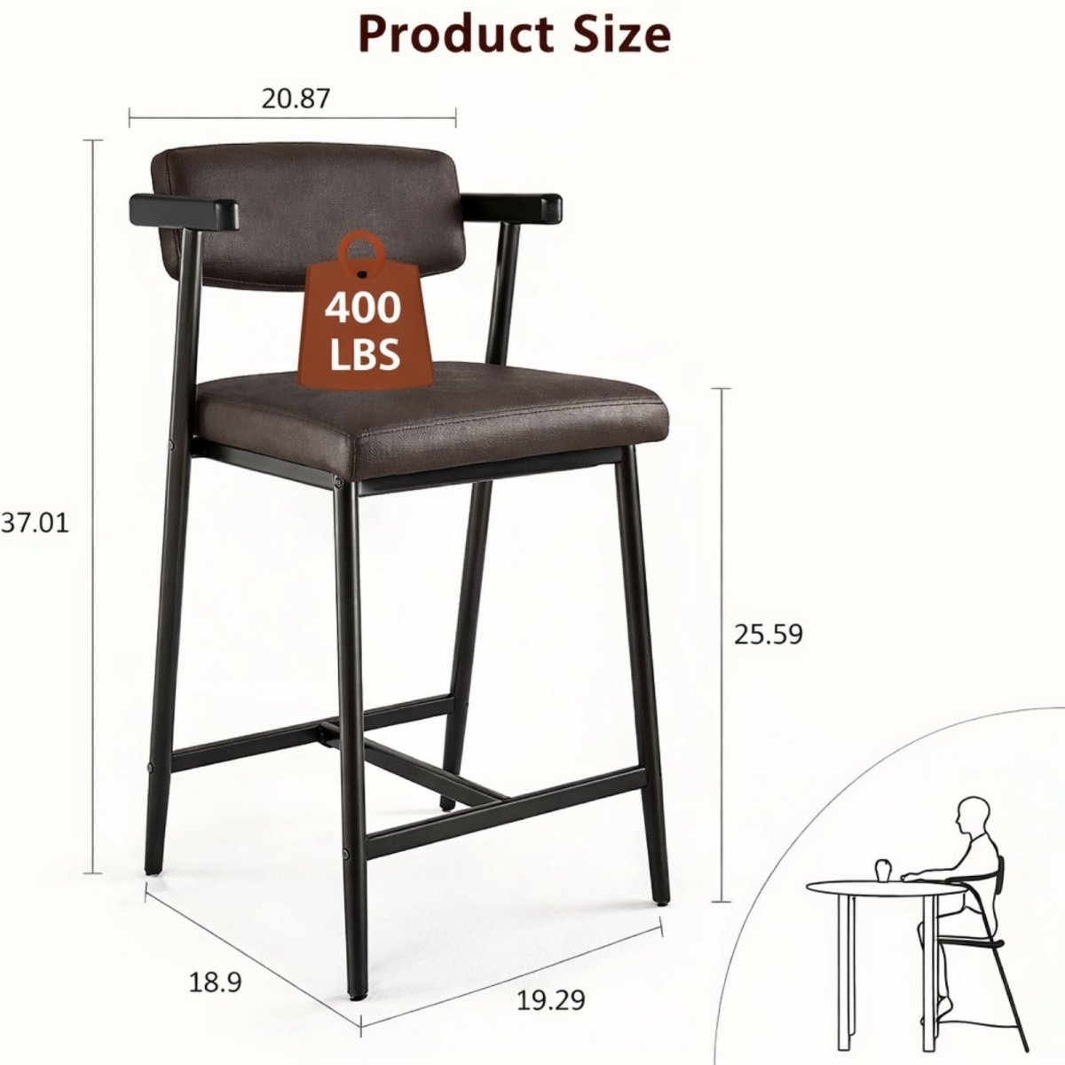Product diagram for the Kouvr counter stool showing dimensions: 37.01" total height, 25.59" seat height, and a 400 LBS weight capacity.