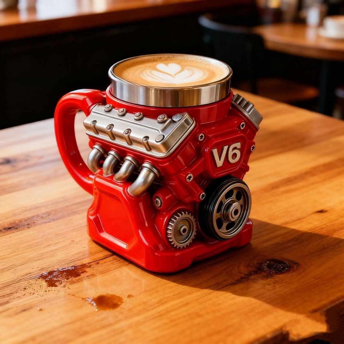 A red crimson engine mug with a heart-shaped latte art, shown on a wooden surface with a small coffee spill, suggesting daily use and enjoyment.