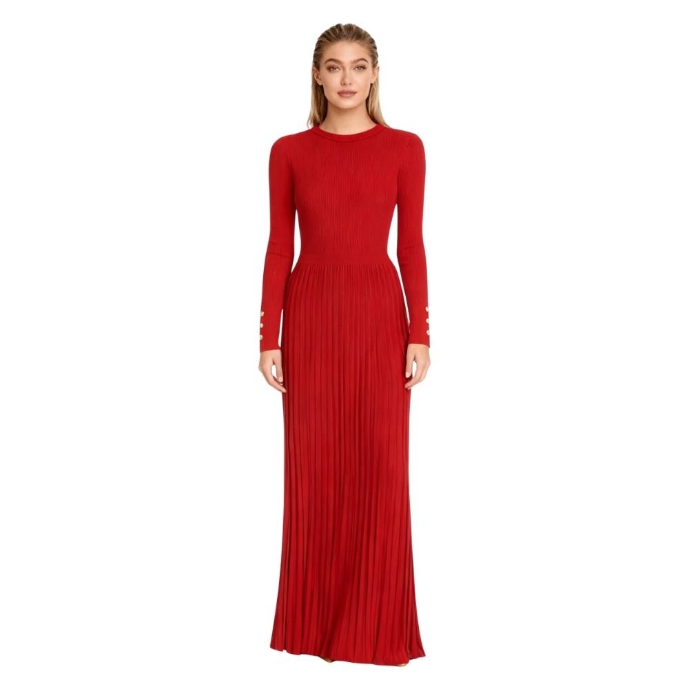 Holiday party dress, women's fall dress, mock neck dress, dress with pearl buttons, sophisticated red dress, luxury knitwear, Parisian style.