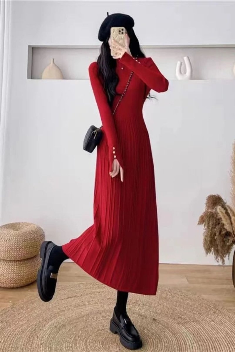 Holiday party dress, women's fall dress, mock neck dress, dress with pearl buttons, sophisticated red dress, luxury knitwear, Parisian style.