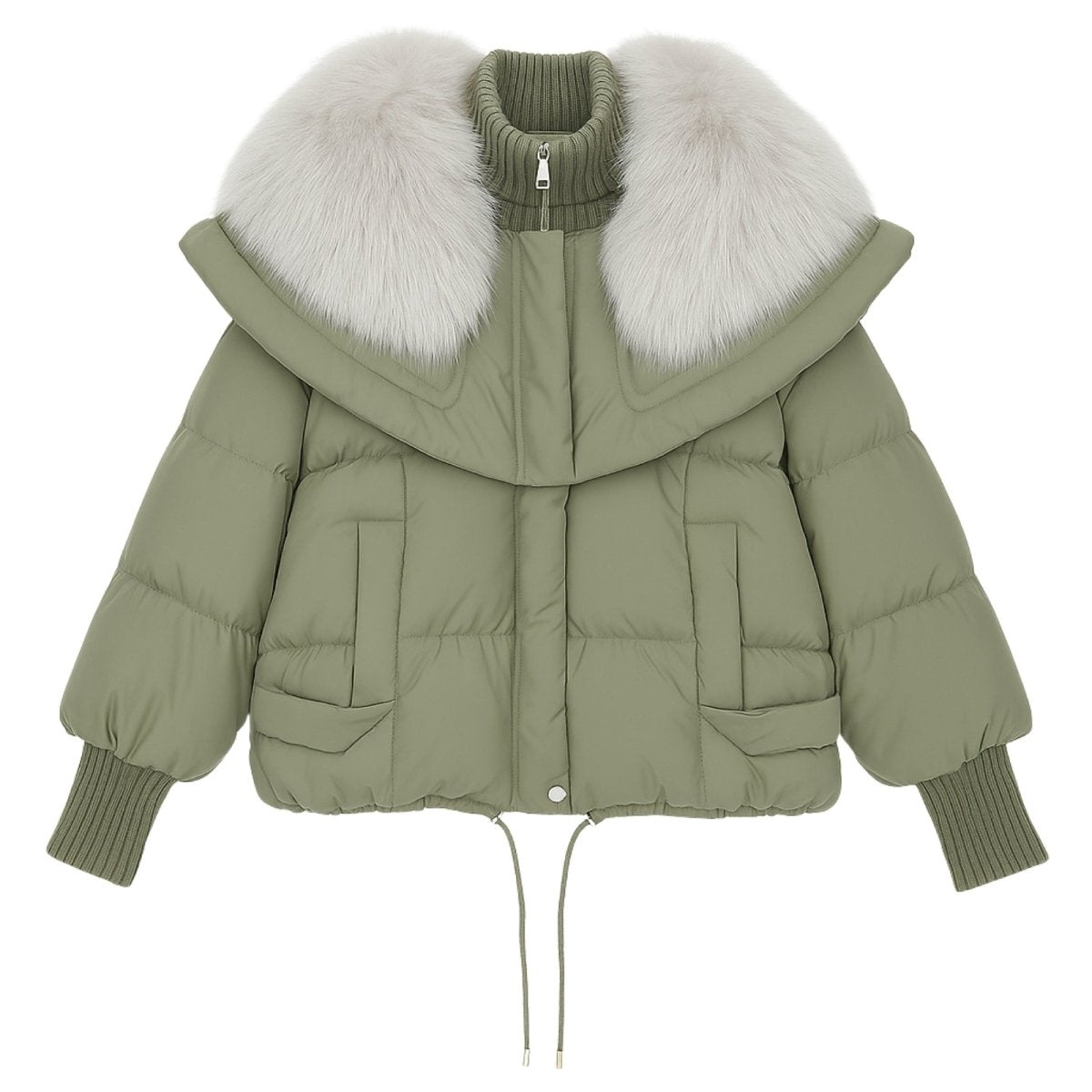 Green Kouvr puffer jacket with fur hood on a white background