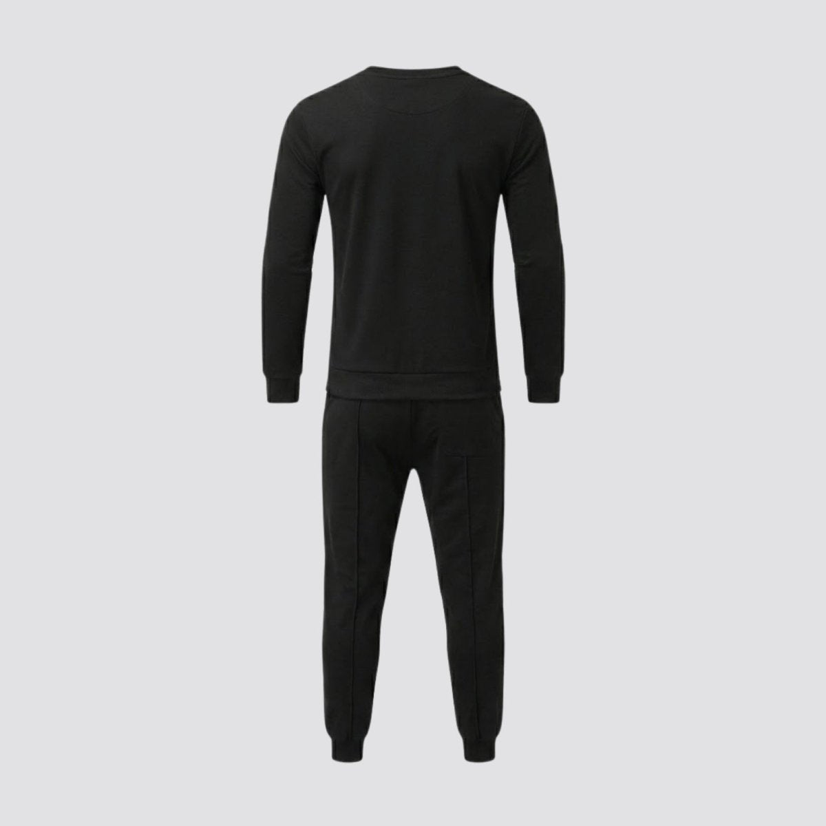 Flatlay of the Kouvr Crue men's black tracksuit set, showing the back of the long-sleeve crewneck and joggers.