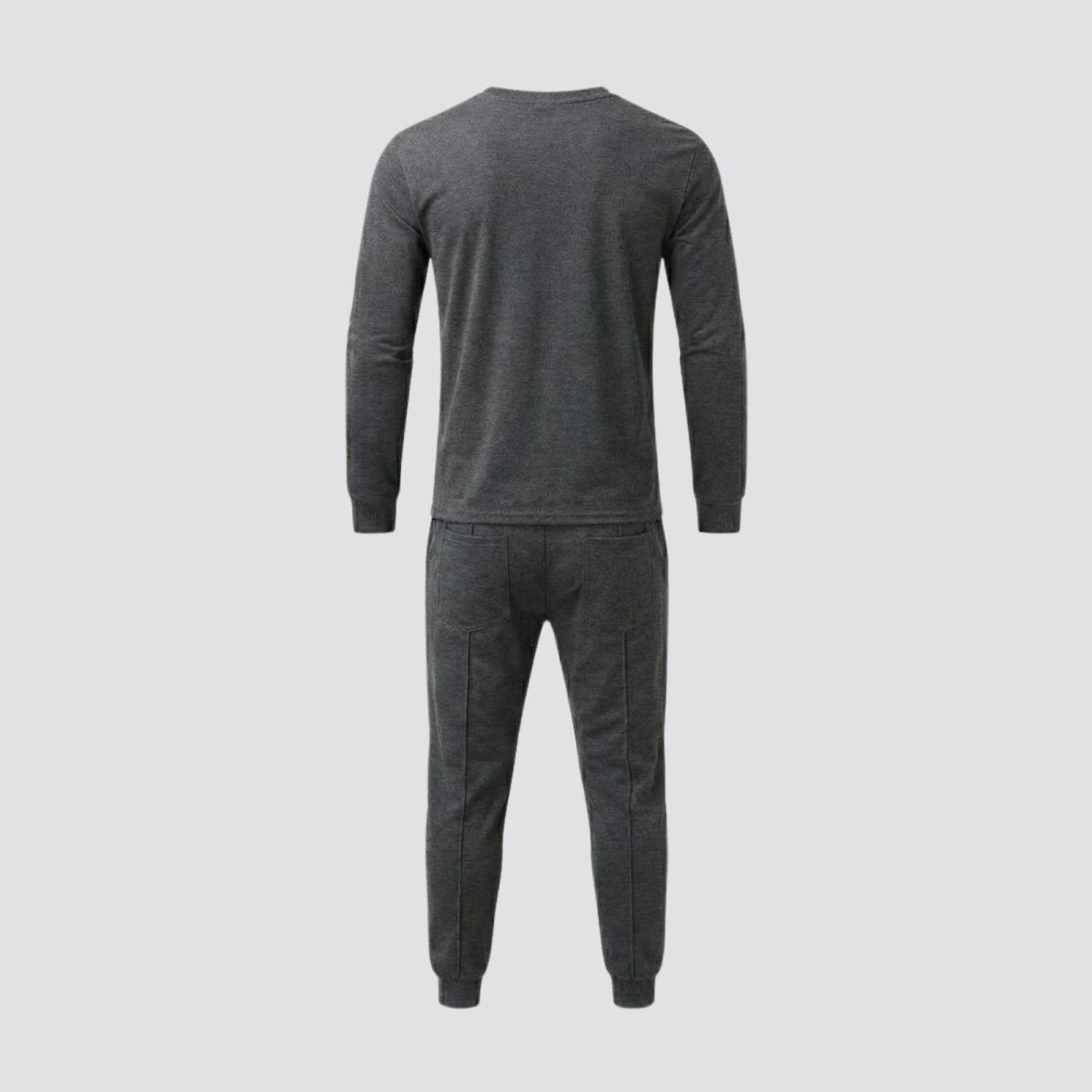 Back view flat lay of the Kouvr Crue dark grey crewneck top and matching jogger pants, showing product details.