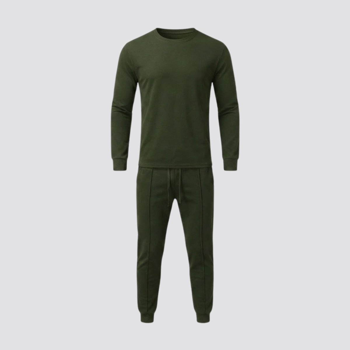 Flat lay of the army green crewneck sweatshirt and matching jogger pants from the Kouvr Crue Lounge Set, front view.
