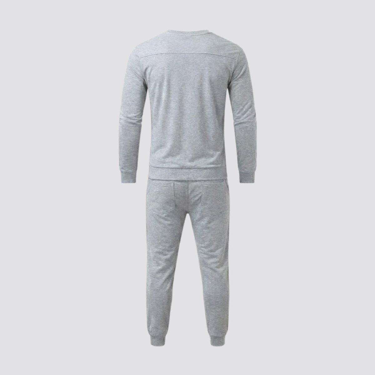 Flat lay of the Kouvr Crue Set men's heather light grey lounge set showing the back details of the sweatshirt and joggers.