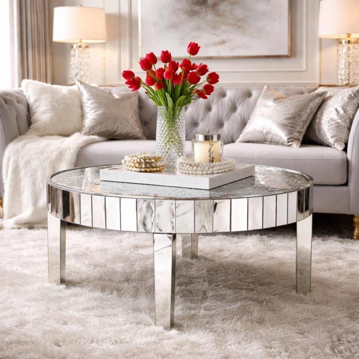The Kouvr glam crystal coffee table in front of a gray sofa, decorated with a vase of red flowers and books.