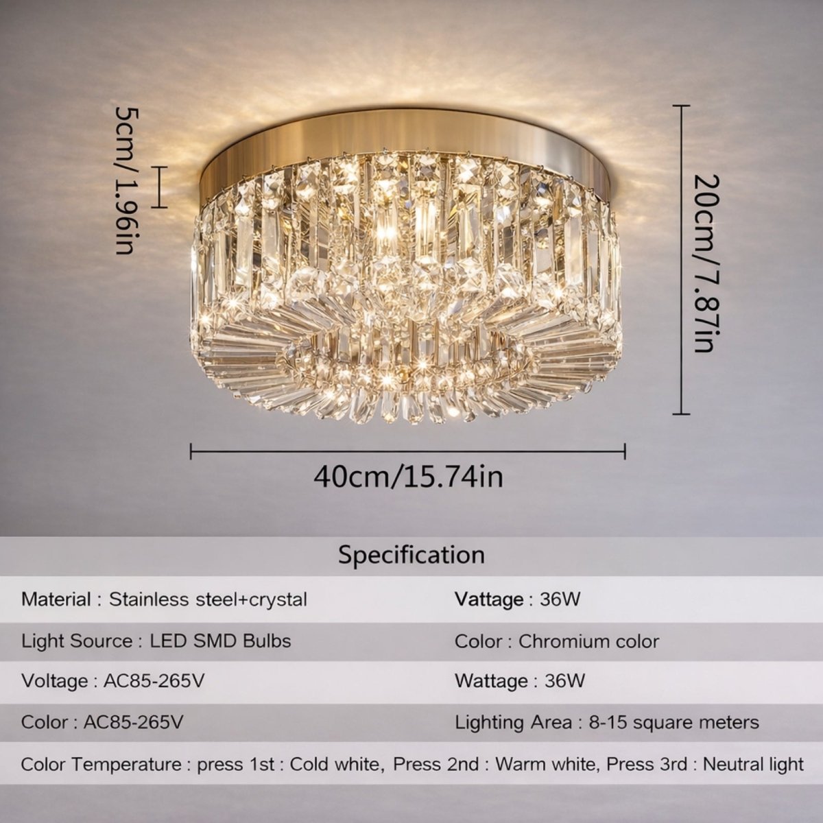 Dimension diagram of 40cm (15.74in) crystal flush mount light showing height and width specifications for installation.