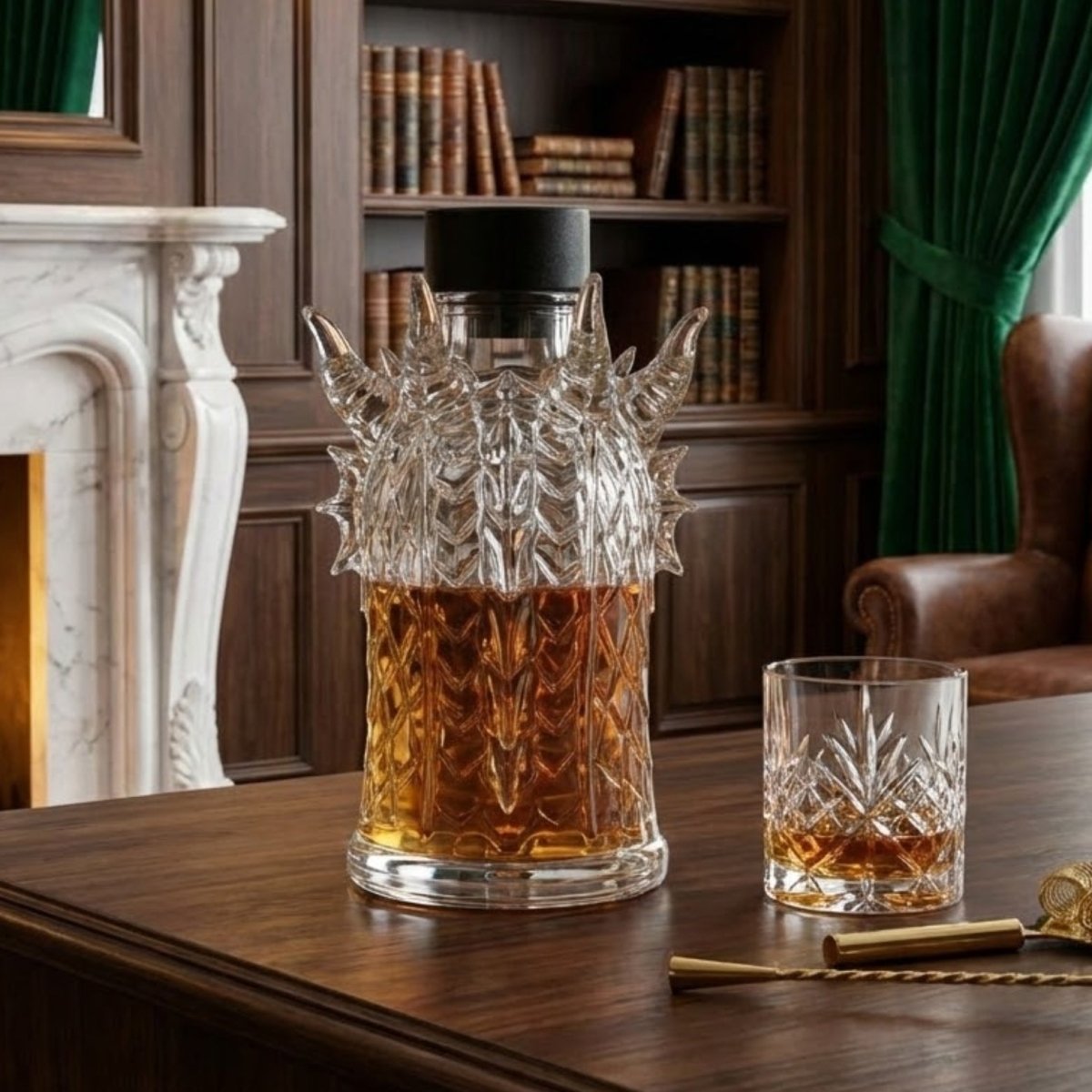 The crystal dragon decanter shown from the back with a matching crystal whiskey glass on a wooden table, emphasizing the full bar set.