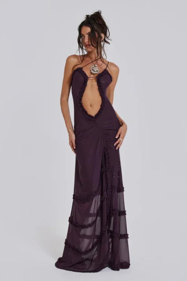 Cutout Ruffle Maxi Dress in Plum | Sheer Tiered Alondra Gown with Thigh Slit | Y2K Formal Evening Party Dress for Women | Kouvr Fashion Cutout Ruffle Maxi Dress in Plum | Sheer Tiered Alondra Gown with Thigh Slit | Y2K Formal Evening Party Dress for Women | Kouvr Fashion