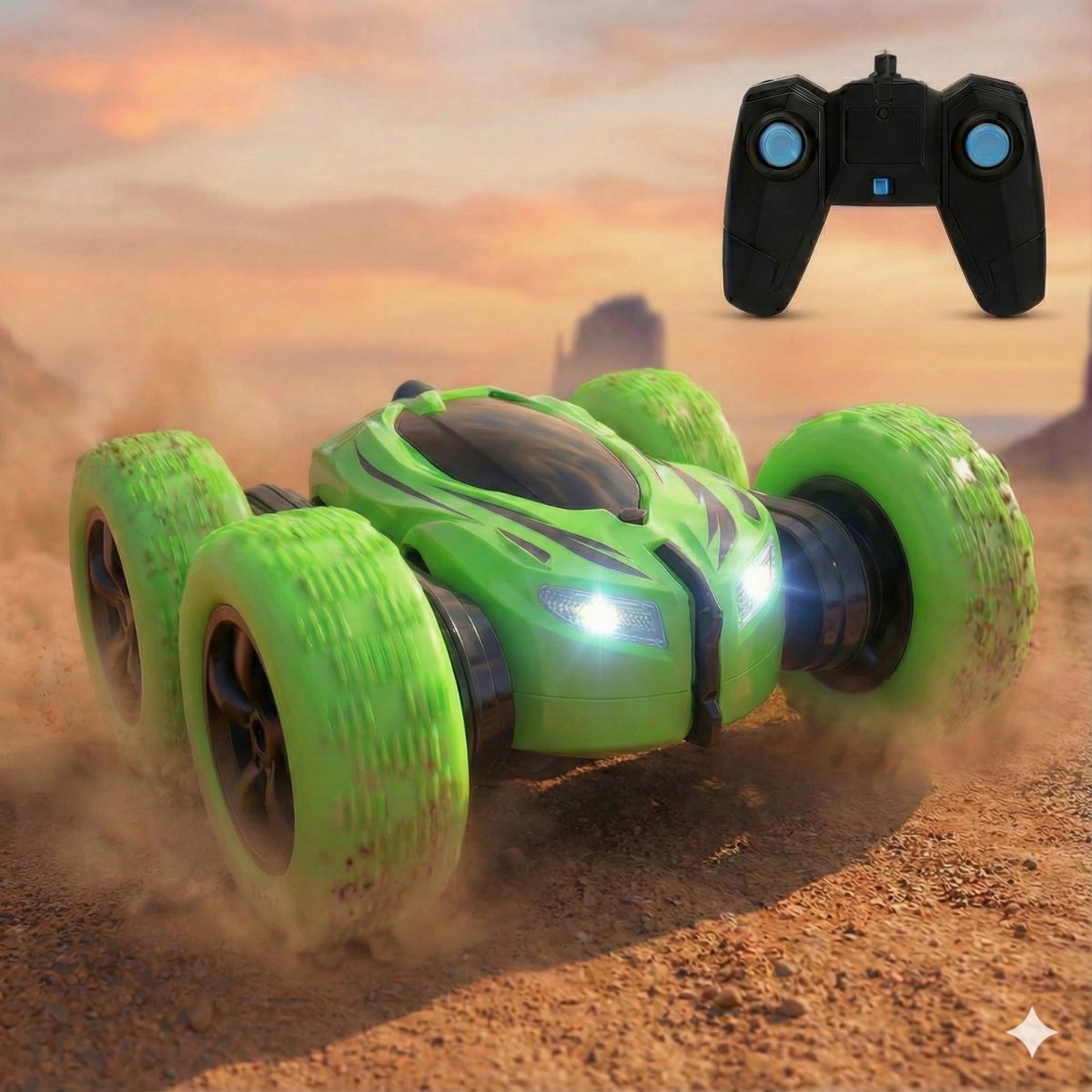 A vibrant green Kouvr Cyclone RC stunt car driving fast through a rocky, off-road environment.