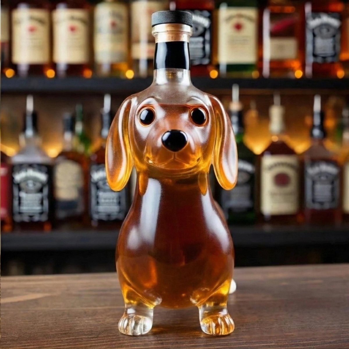 Front view of a sausage dog whiskey decanter by Kouvr, highlighting the detailed glass craftsmanship and cork stopper, presented as a unique gift for men.