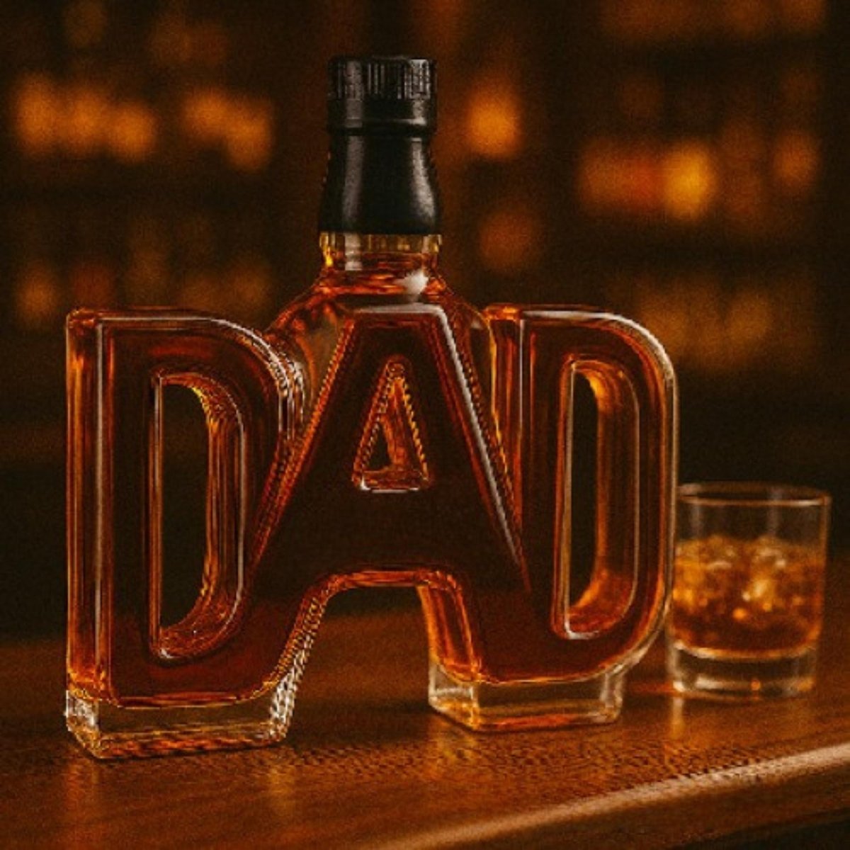 Front view of the Kouvr DAD shaped glass decanter with a modern, simple black stopper, ideal for a dad with classic taste.