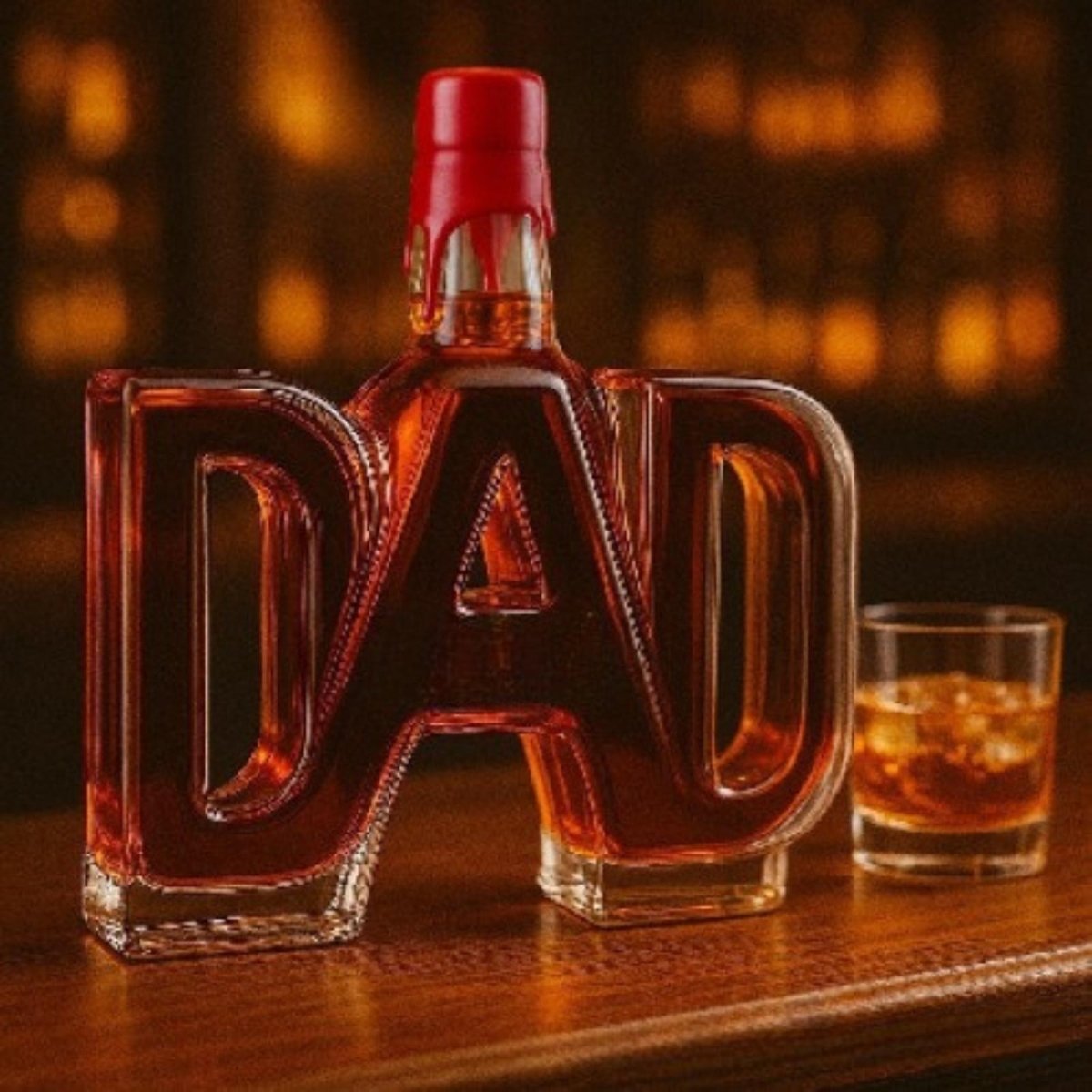 Front view of the Kouvr DAD shaped glass decanter with a modern, simple red wax stopper, ideal for a dad with classic taste.