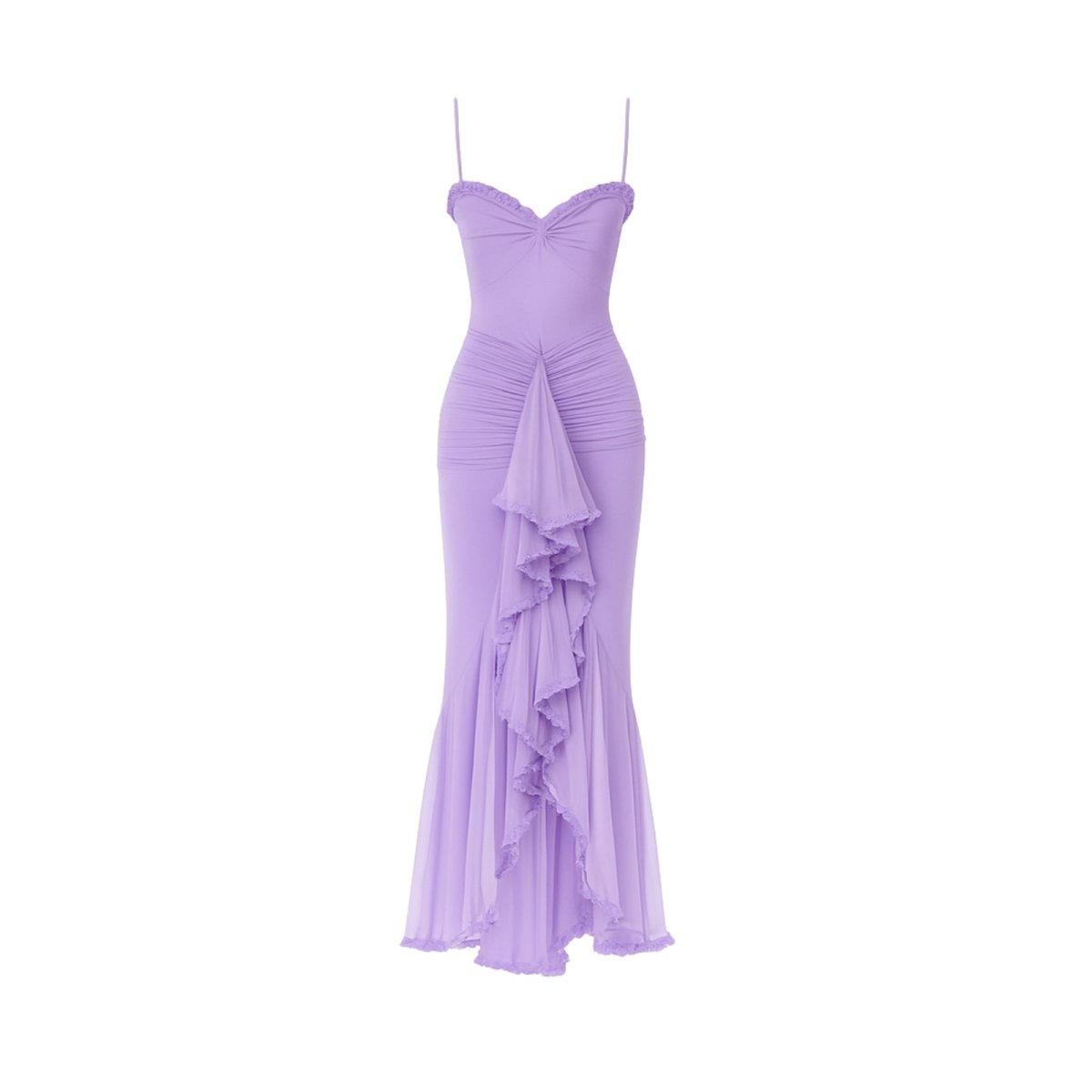 Light Purple evening gown with ruffled details on a white background