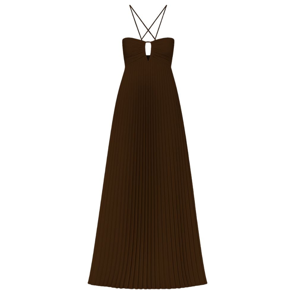 Model wearing Kouvr brown pleated floor-length halter gown with side cutouts and an open back