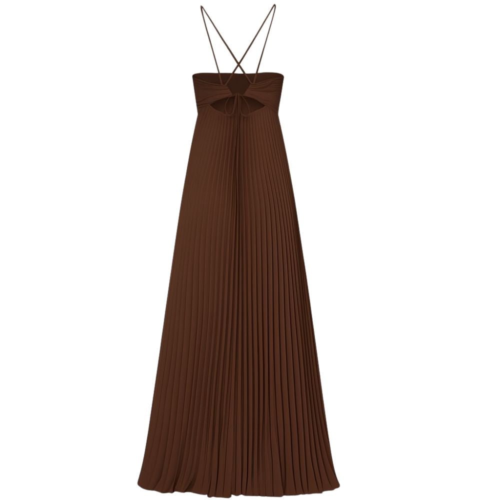 Model wearing Kouvr brown pleated floor-length halter gown with side cutouts and an open back