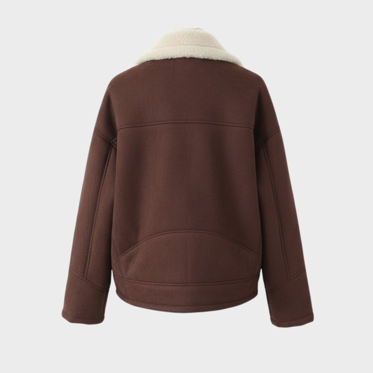 Product flatlay of the back of the Kouvr dark brown vegan suede winter jacket.