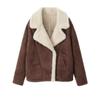 Product flatlay of the Kouvr dark brown faux shearling jacket showing the plush white sherpa collar and lining.