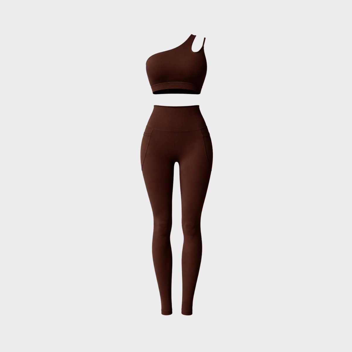 Ghost mannequin front view of the two piece dark brown workout set showing the one shoulder cut out top and pocket leggings.