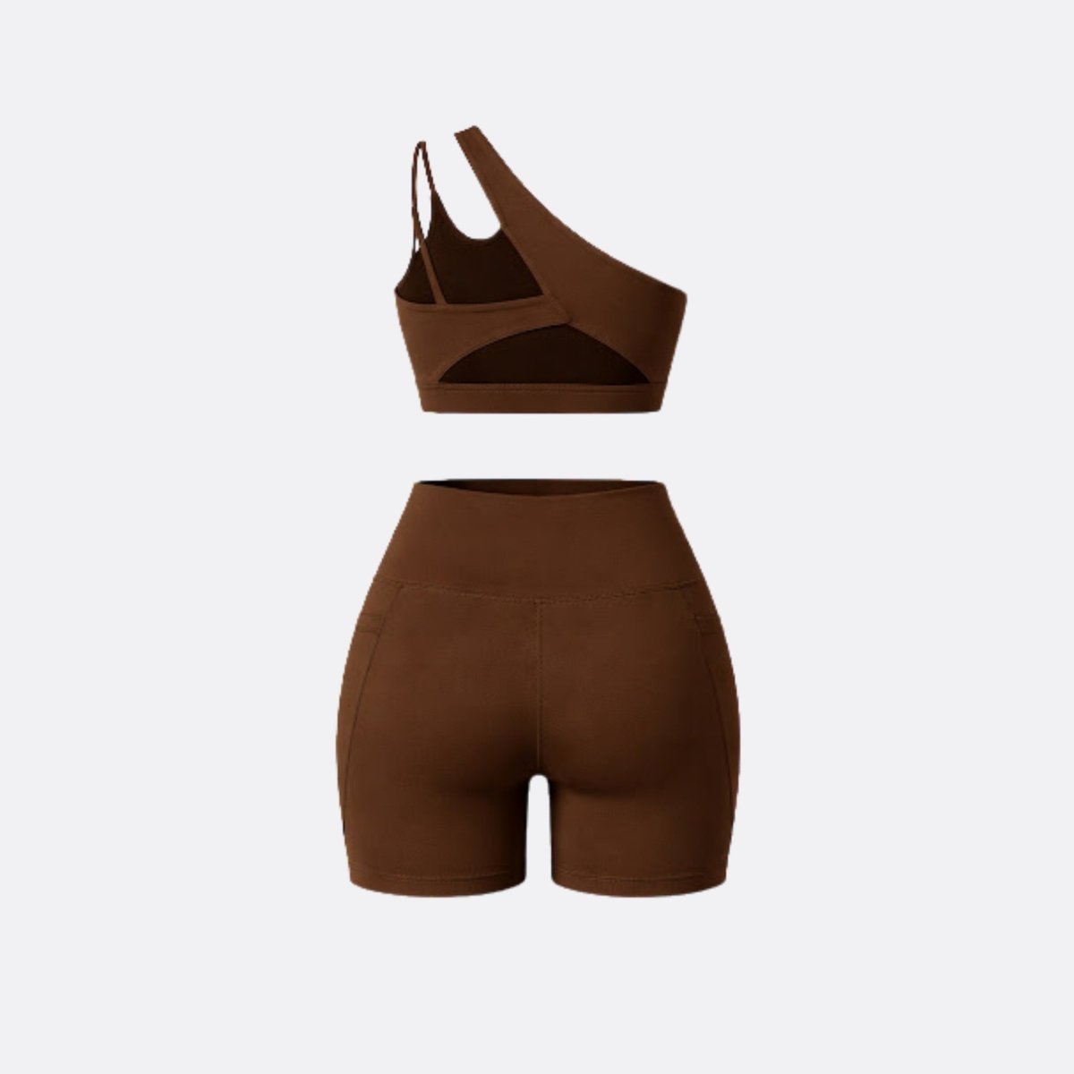 Flat lay back view of Kouvr dark brown strappy sports bra and high waisted athletic shorts