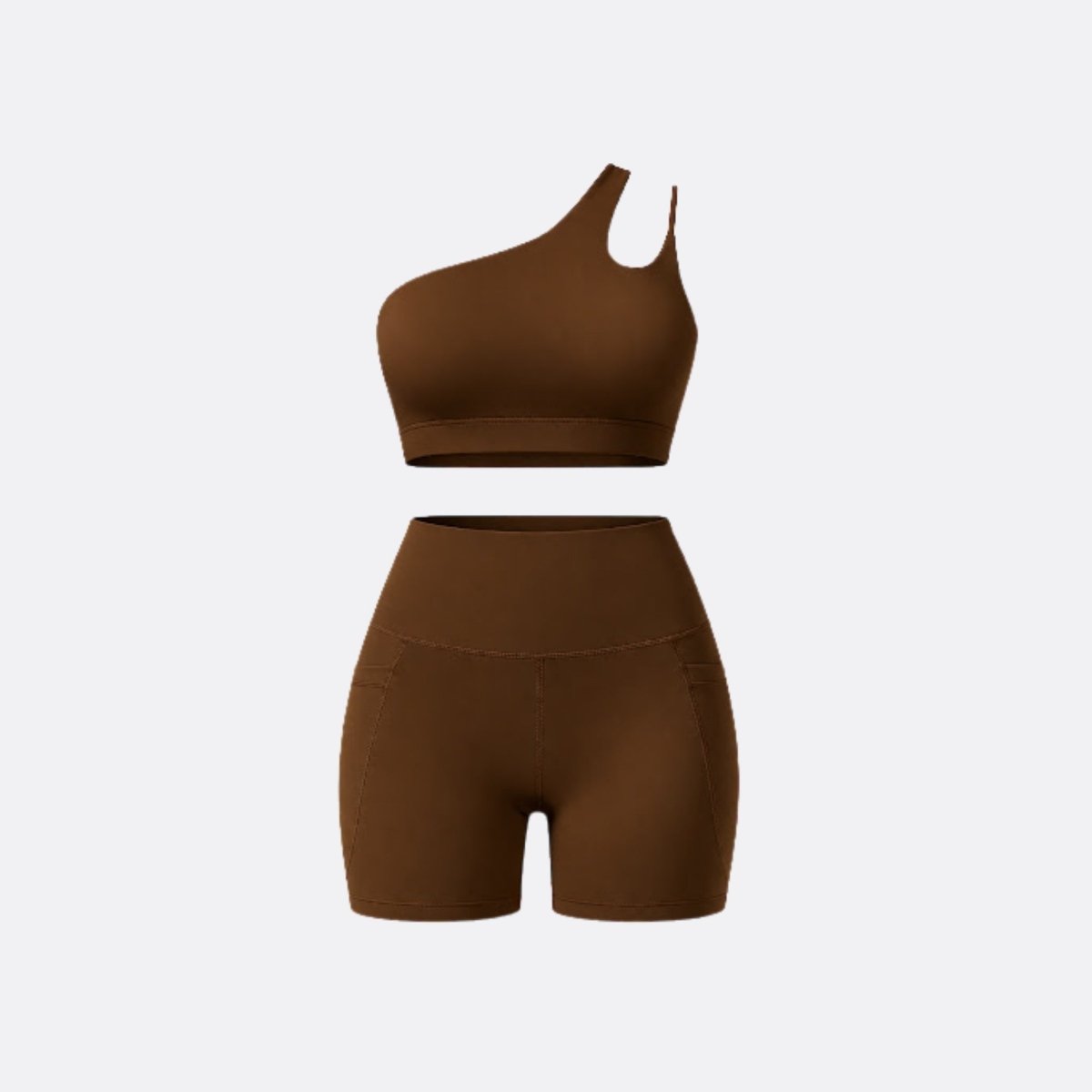 Flat lay front view of Kouvr dark brown one shoulder crop top and pocket biker shorts set