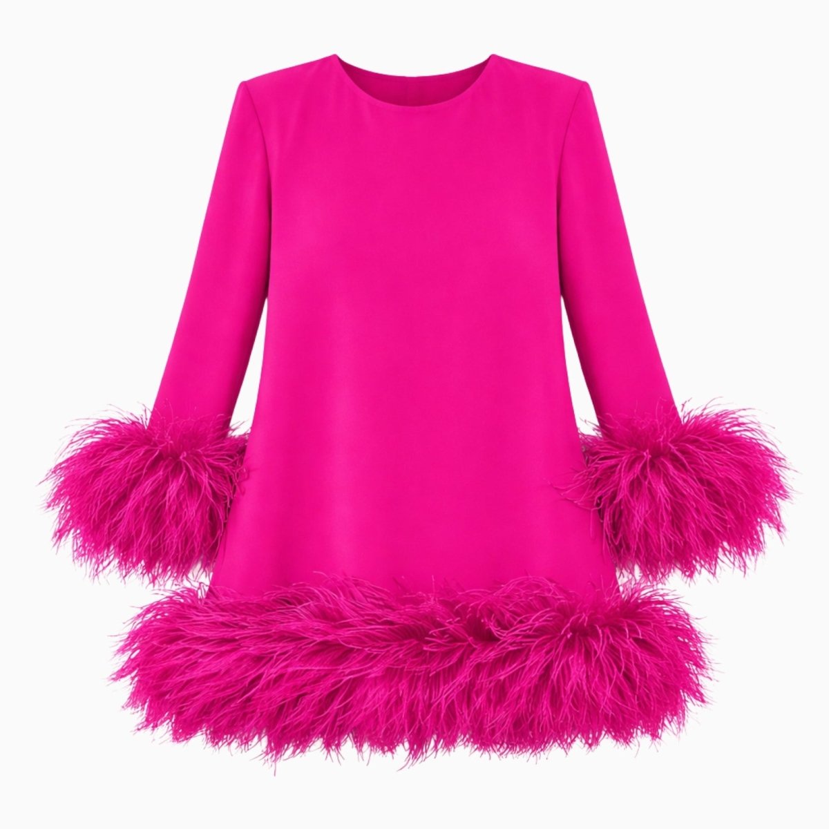 Product flatlay of the front of a dark pink long sleeve dress with ostrich feather trim on a white background.