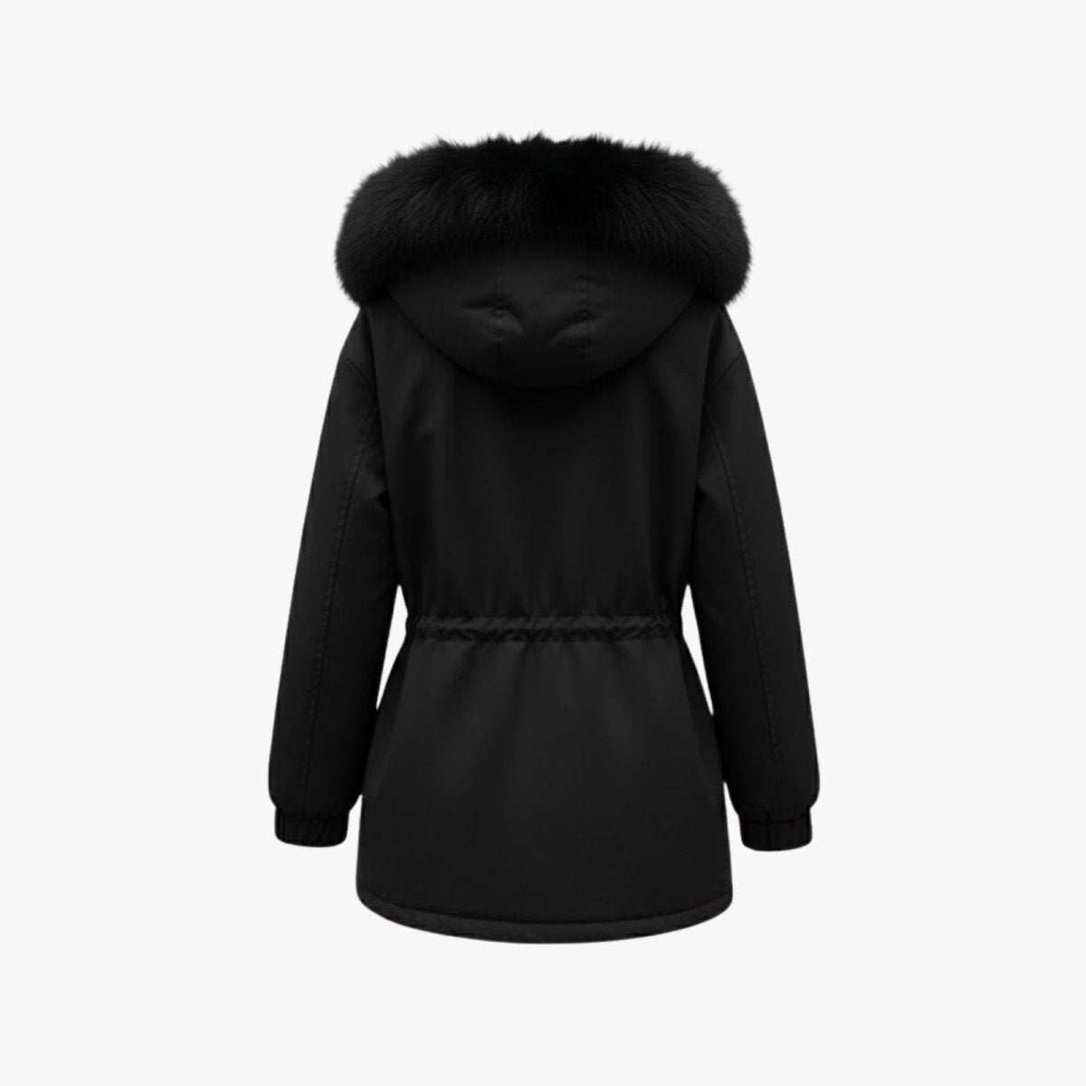 Flat product shot of the back of the black Kouvr Fashion Debra Parka, clearly displaying the seamless back panel, hood, and waist drawstring.