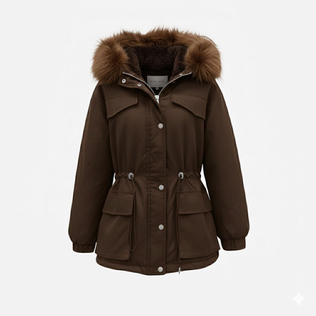 Flatlay product shot of the Kouvr Debra brown parka jacket, displaying the front details like pockets, snaps, and drawstring.