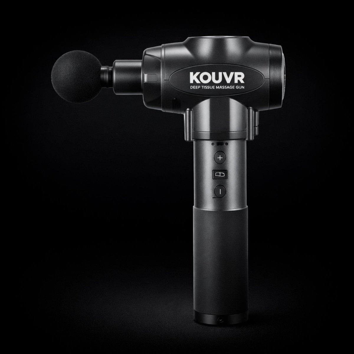 Black Kouvr deep tissue percussion massage gun side profile highlighting sleek design