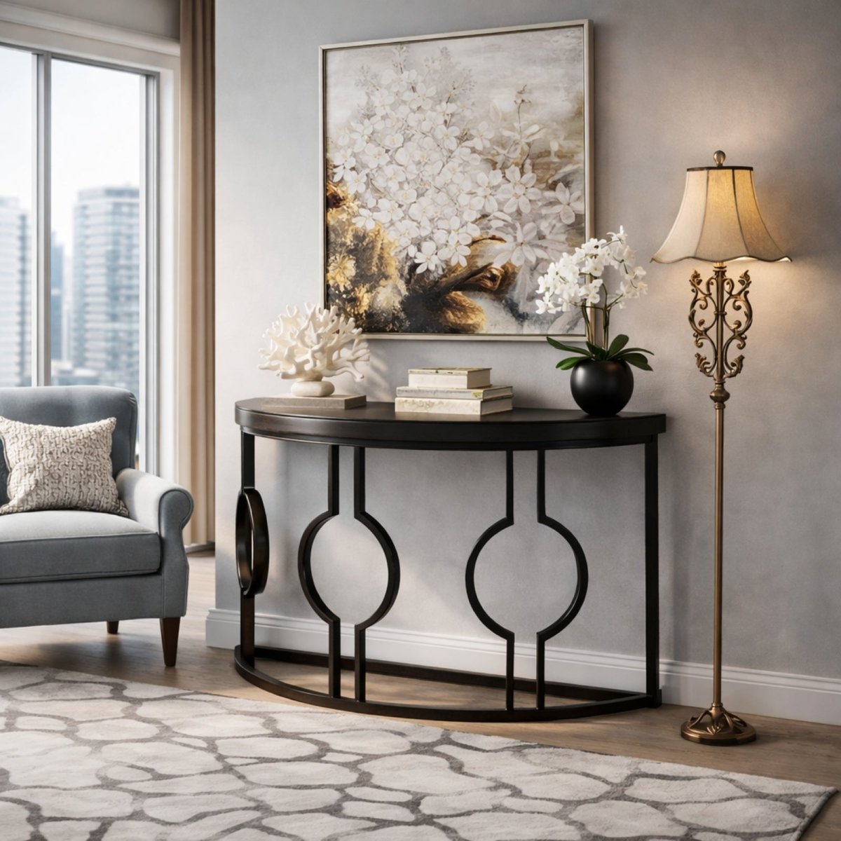 Luxury living room corner featuring the Kouvr demilune entry table styled with orchid arrangement and floor lamp next to a velvet armchair.
