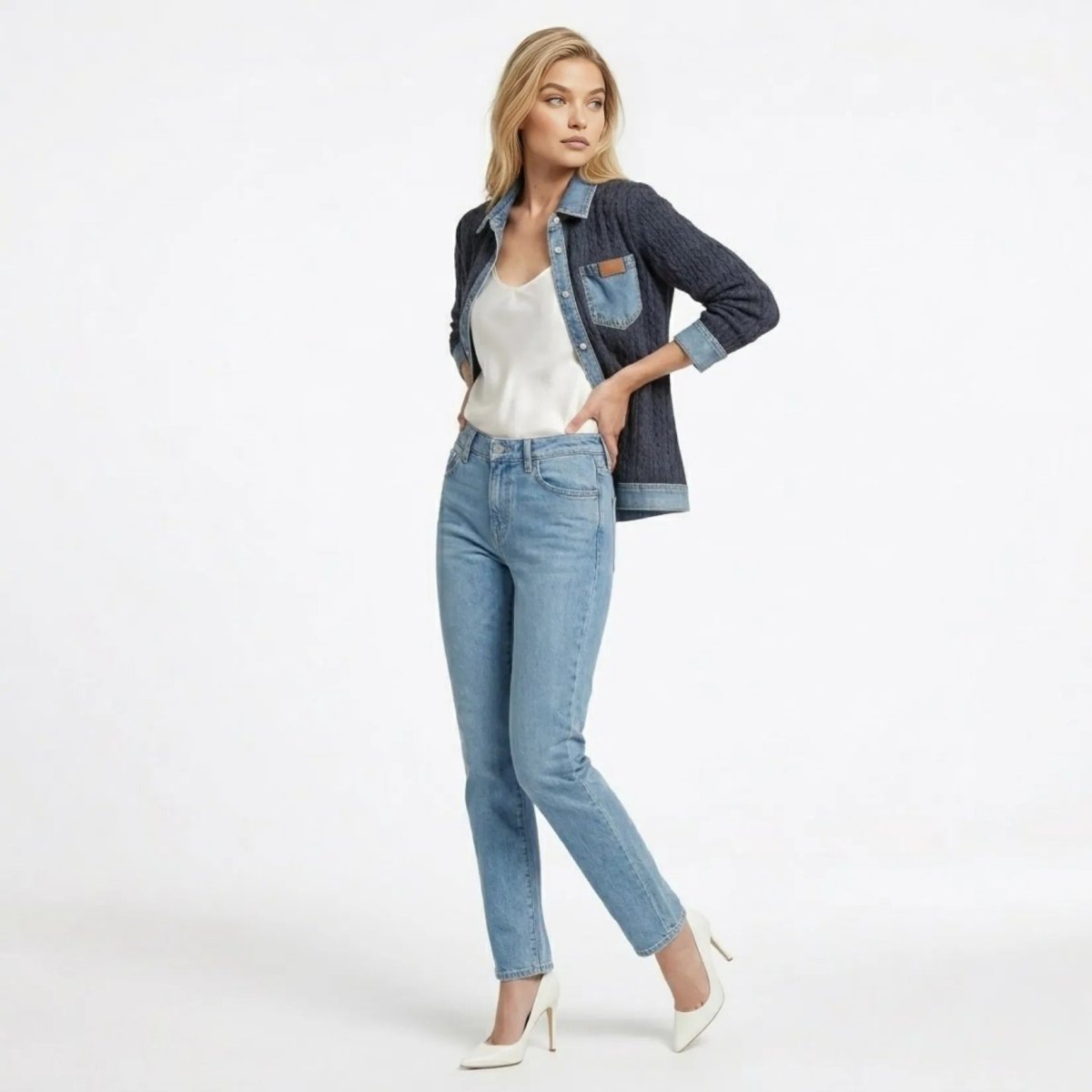 Angled view of woman modeling the Kouvr designer denim and navy knit sweater jacket with hands confidently on her hips.