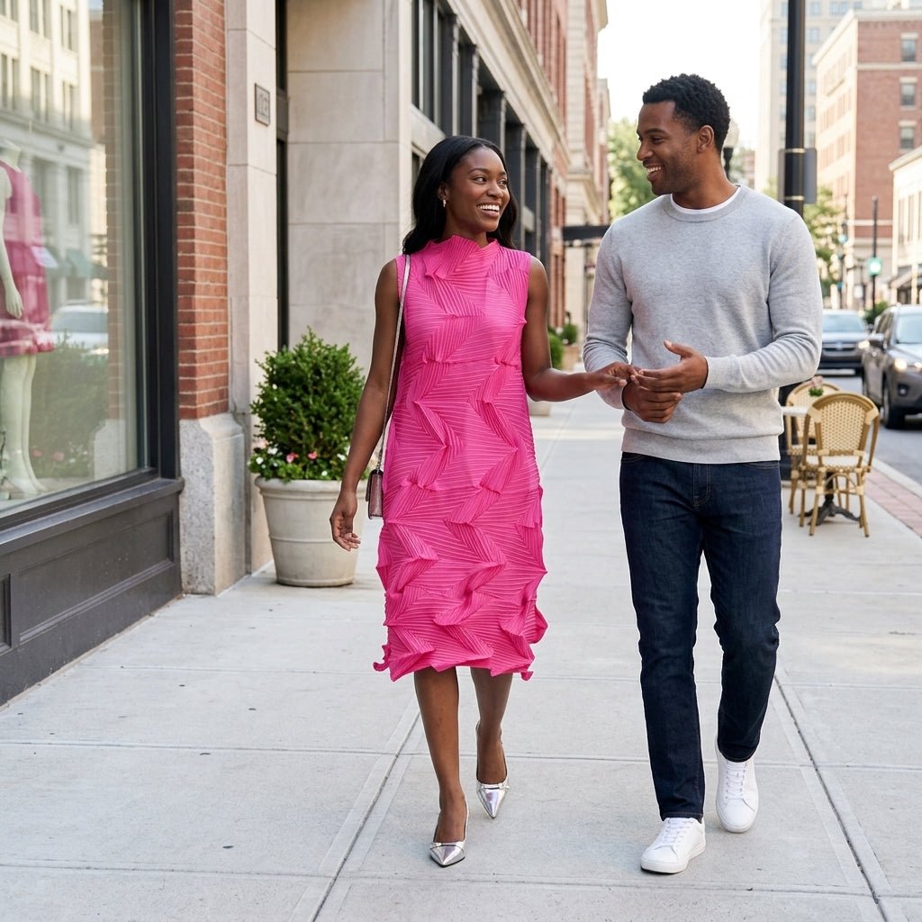 Stylish couple walking down the street, woman wearing striking hot pink plisse midi dress.