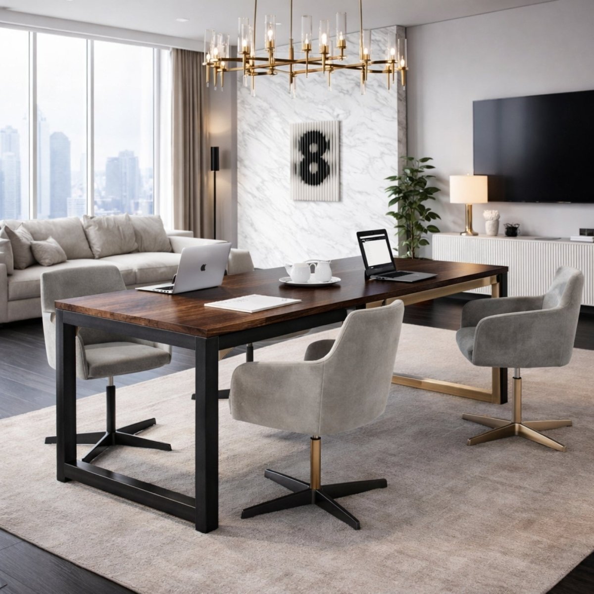 The Kouvr desk used as a modern conference table for two people with laptops in a contemporary high-rise apartment living room.