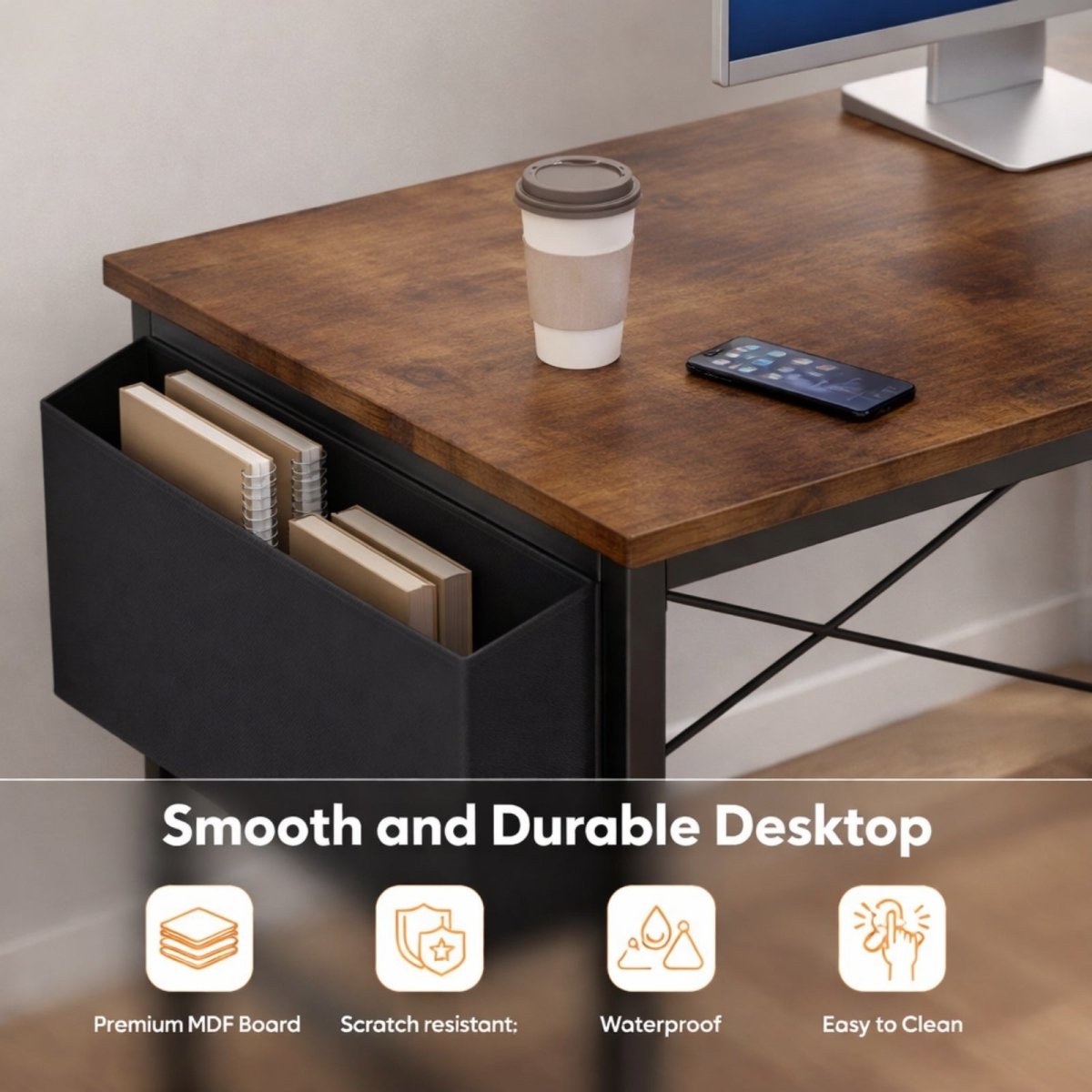 A close-up of the Kouvr desk's smooth and durable desktop, highlighting its premium MDF board construction which is scratch-resistant, waterproof, and easy to clean.