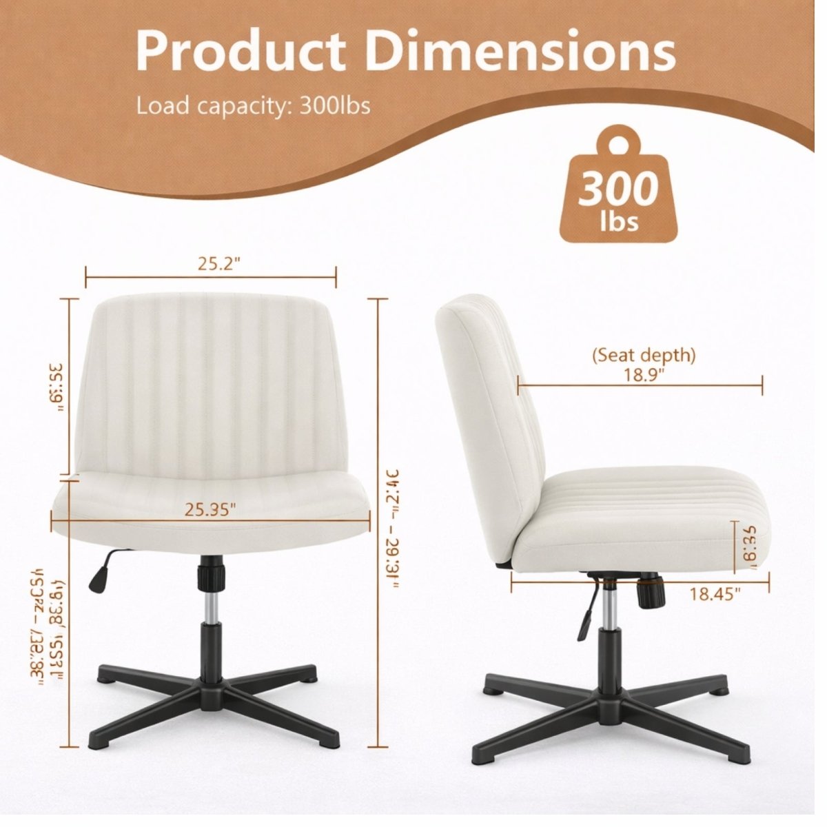 Detailed product measurements showing seat depth of 18.9 inches and backrest height.
