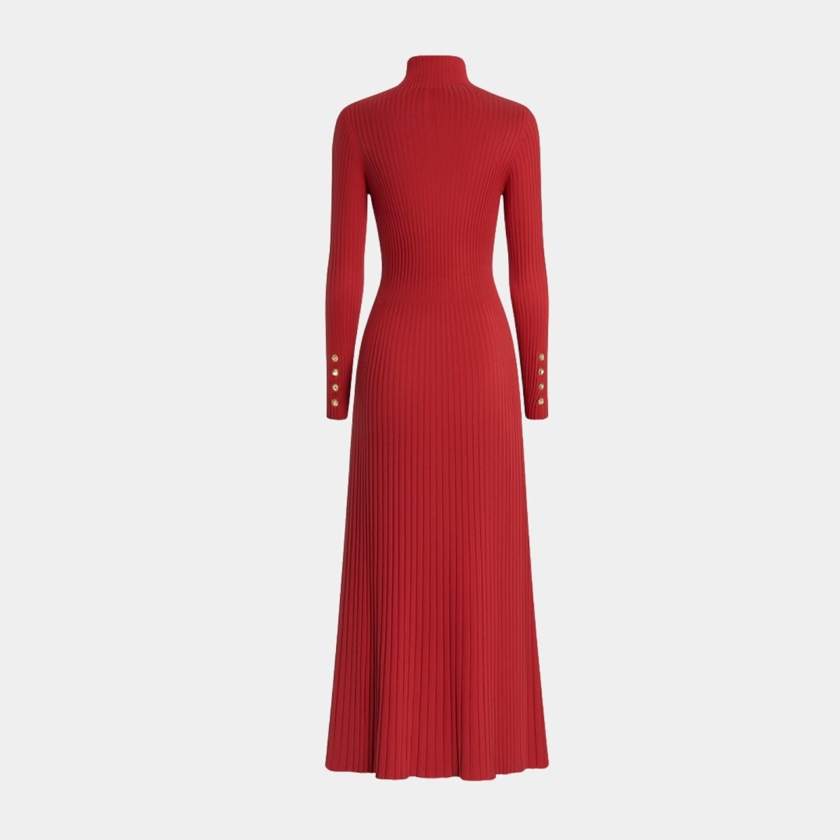 Rear flat lay of the Kouvr Dianne red knit dress, displaying the quality of the turtleneck and A-line construction.
