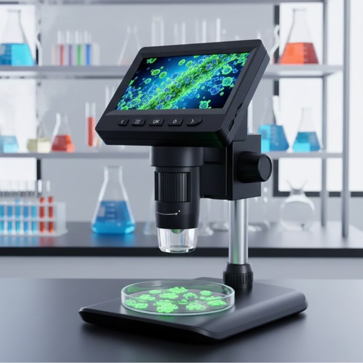 Feature callouts for the Kouvr digital microscope, showing the adjustable LED ring light, the focus wheel, and a close-up of bacteria on the screen.