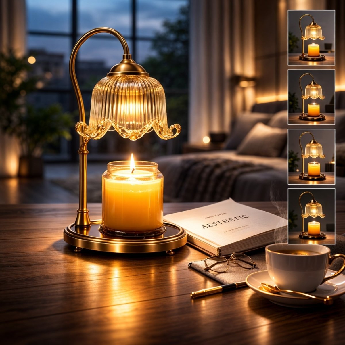 Dimmable electric candle lamp on a bedside table with a timer setting, illuminating a cup of tea and a book for a relaxing evening routine.