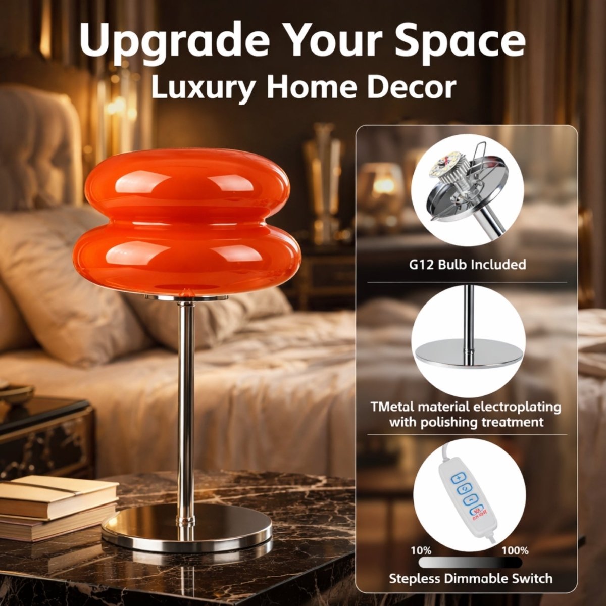 Feature callouts for the Kouvr orange lamp, highlighting the included G12 bulb, polished metal material, and a stepless dimmable switch.