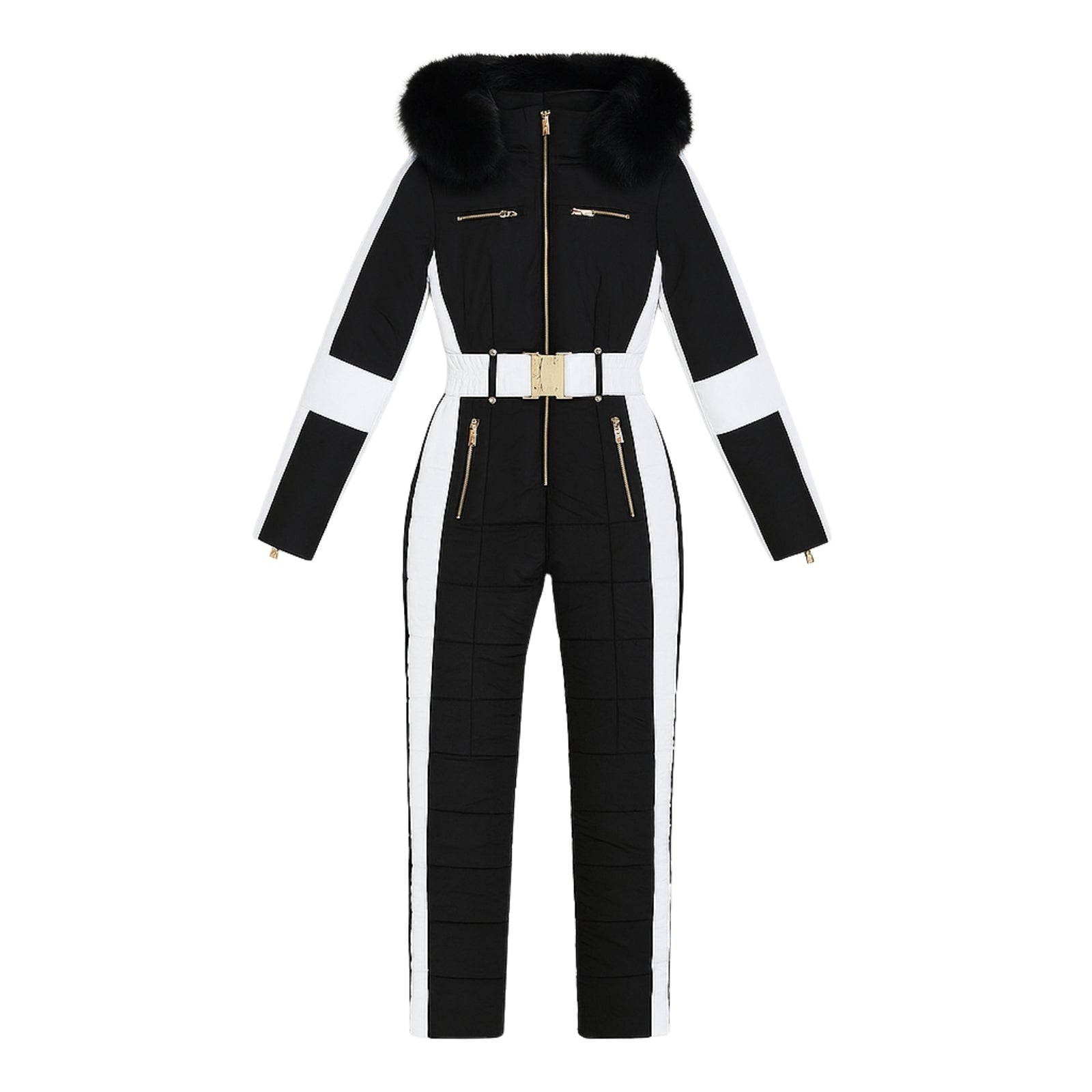 Black and white Kouvr jumpsuit with fur hood on a white background