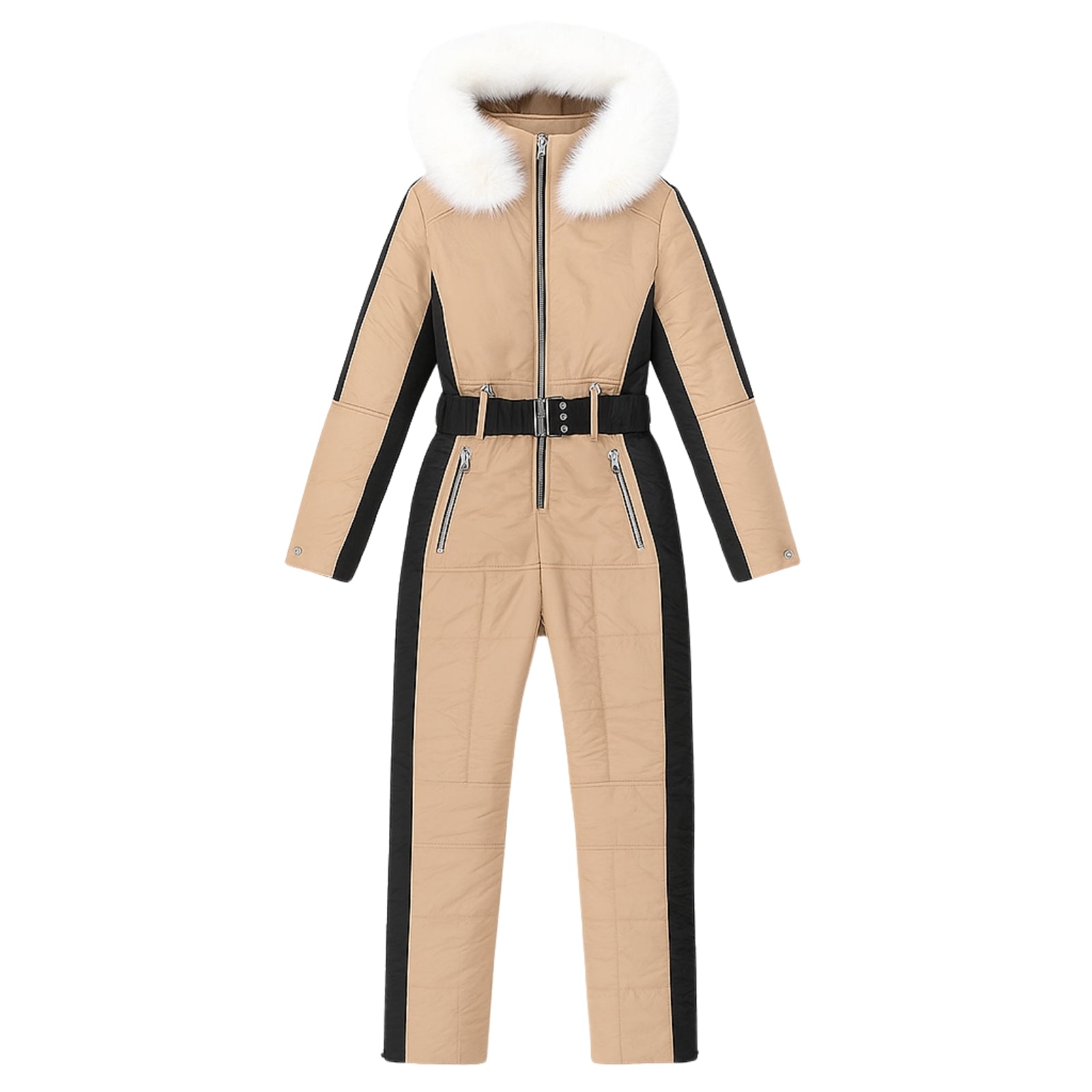Khaki Kouvr snowsuit with black accents and white fur hood on a white background