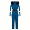 Kouvr Fashion women's blue and white insulated ski suit with black fur-trimmed hood and belt on a white background.