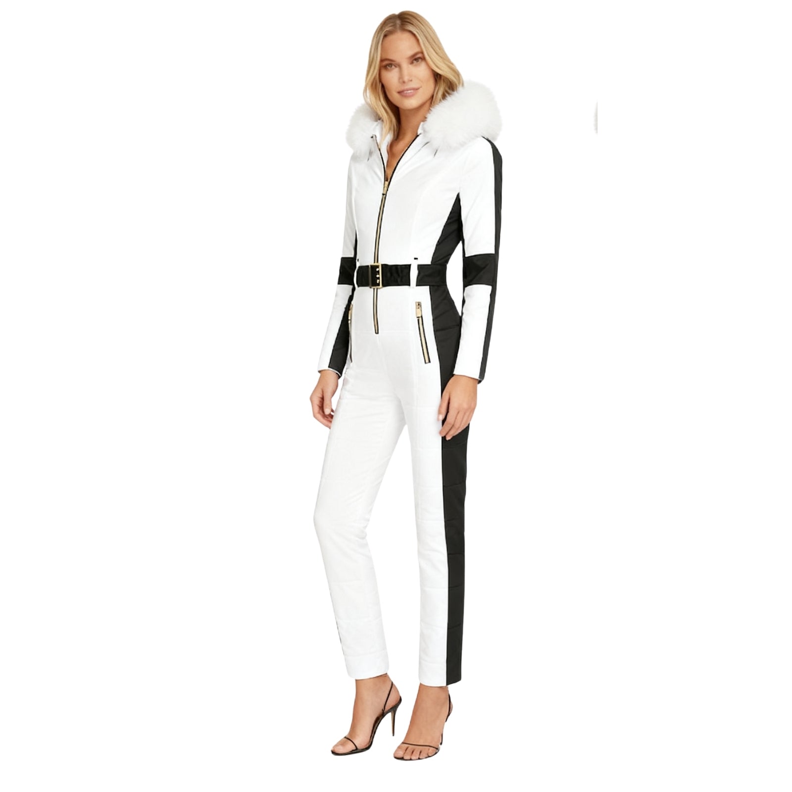 Woman wearing a white and black Kouvr jumpsuit with fur trim on a white background