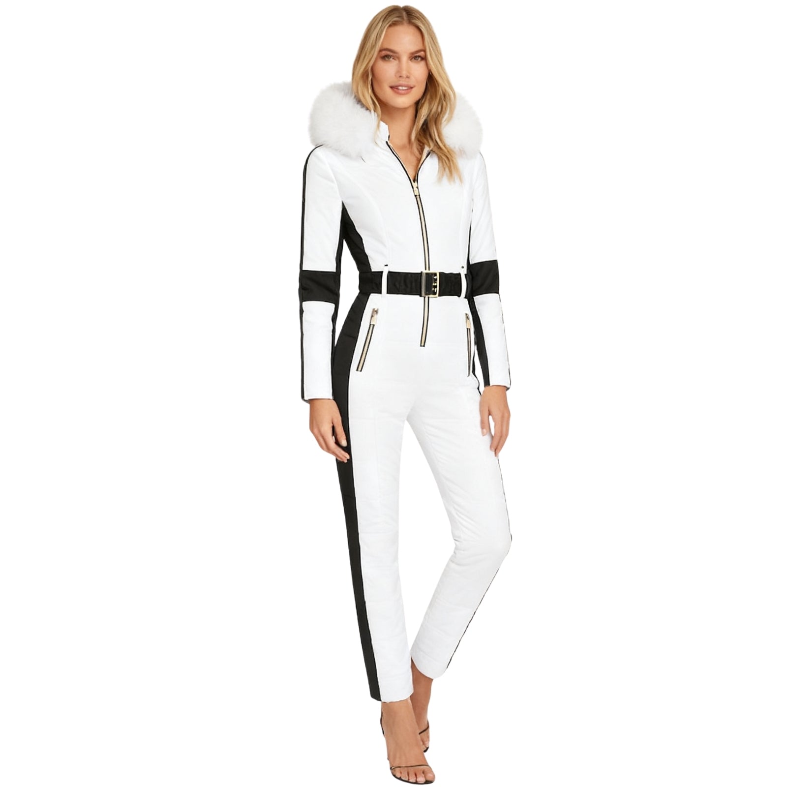 White Kouvr jumpsuit with black accents and fur collar worn by a model on a white background