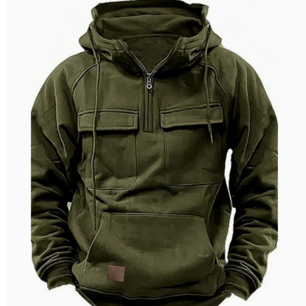 men's luxury hoodie", "designer utility hoodie", "heavyweight half-zip pullover", and "olive green tactical hoodie