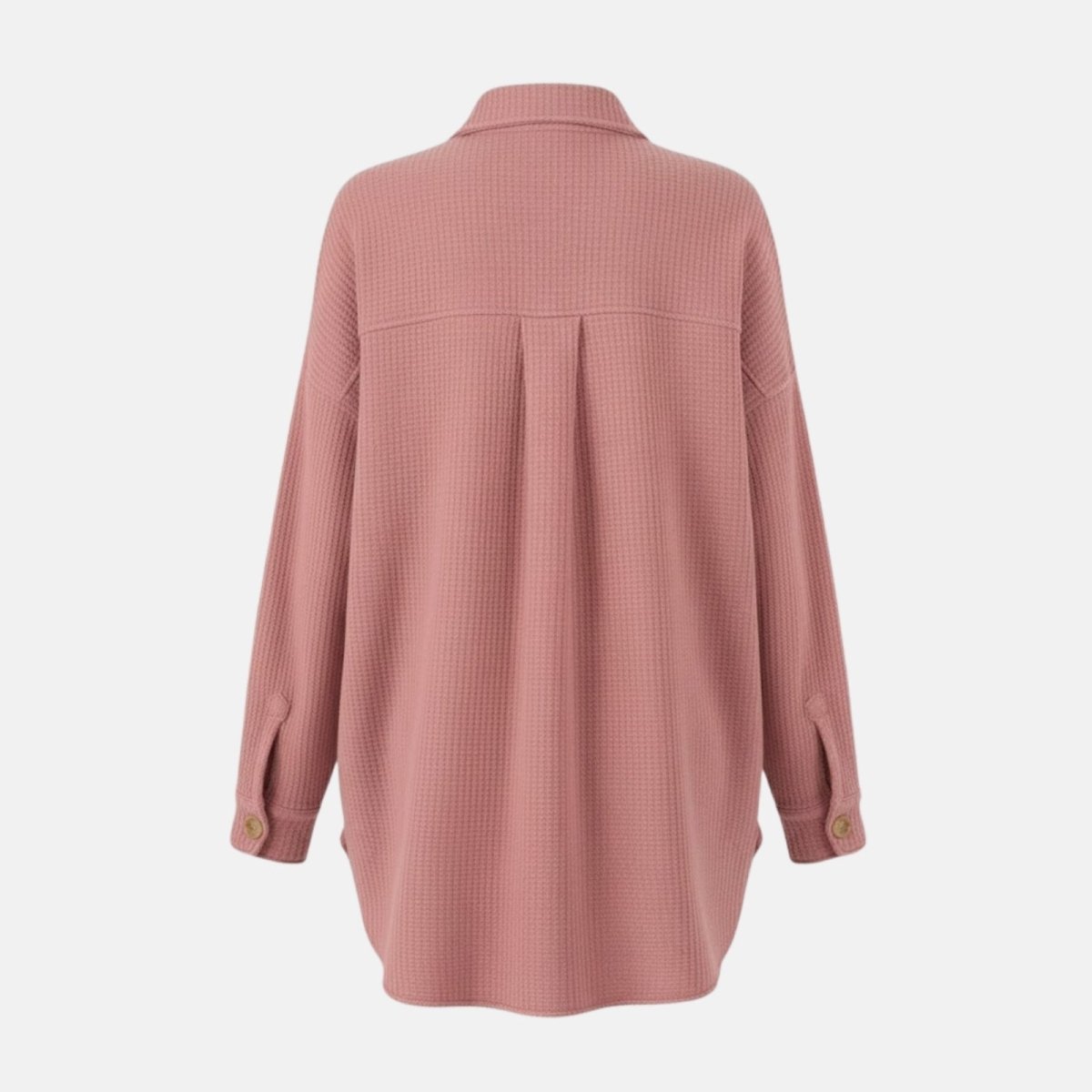 Back view flat lay of the Kouvr long sleeve shacket in pink, detailing the textured waffle knit fabric and yoke construction.