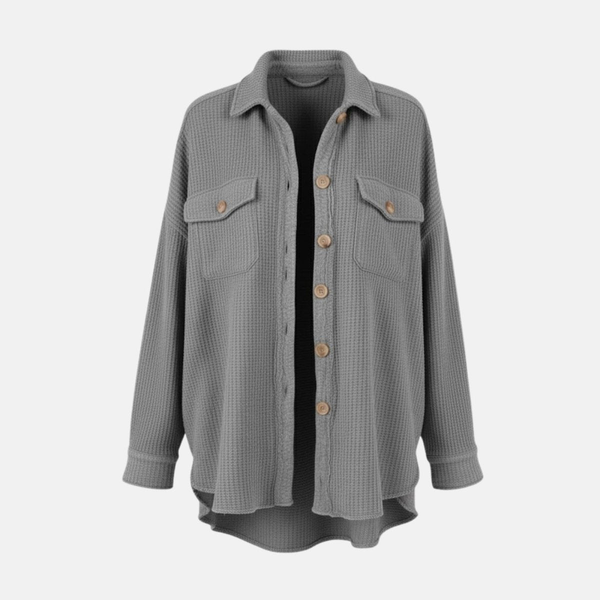 Flatlay product shot of the Kouvr Donna Waffle Knit Shacket in heather grey, showing the button-front and chest pockets.