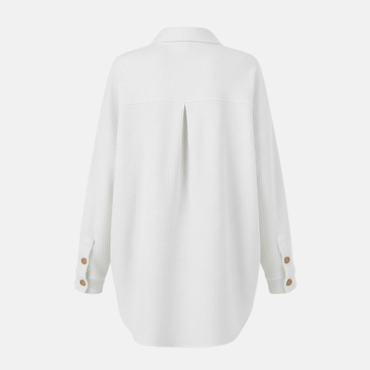Back of the Kouvr Donna textured overshirt in white, showing the fabric texture and button details.