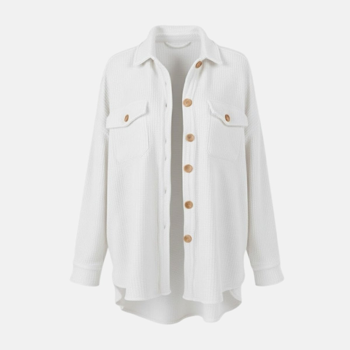Front of the Kouvr Donna textured overshirt in white, showing the fabric texture and button details.