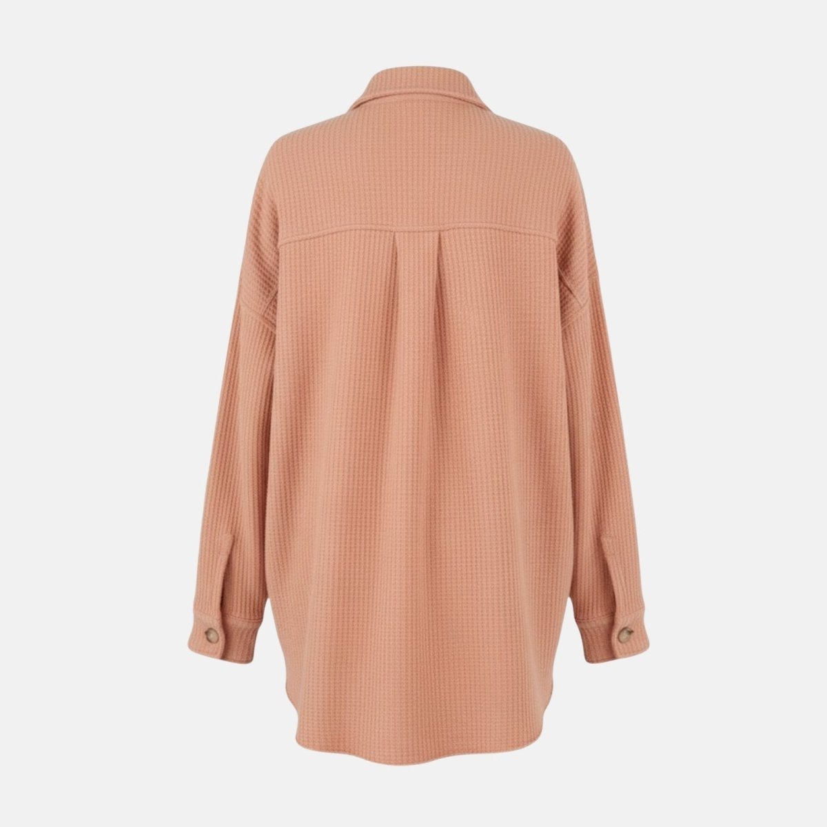 Flat lay of the back of the apricot waffle knit overshirt, displaying the clean construction and relaxed shape.